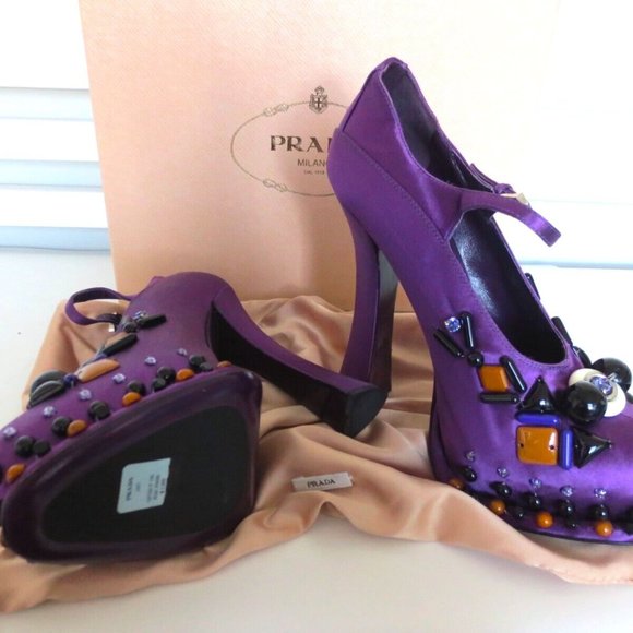 NIB PRADA SATIN MARY JANE PLATFORM PUMPS JEWELED HEEL - Picture 12 of 12